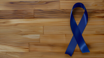 Flat lay blue cancer ribbon timber background  colon prostate diabetes men mental health colorectal support awareness month fundraise charity healthcare courage surviving copy space banner campaign
