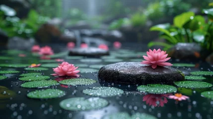 Foto op Canvas   A pond brimming with abundant water lilies borders a verdant forest teeming with water lilies © Viktor
