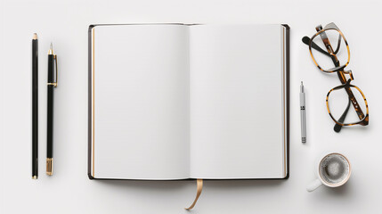 Mock-up of blank pages of an open notebook with copy-space for text on a white background with a coffee cup, glasses, stationary and working stuff decorations. - obrazy, fototapety, plakaty