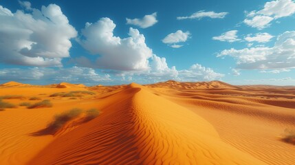 Fototapeta na wymiar A serene desert panorama boasts undulating sand dunes beneath a cerulean sky adorned with fluffy white clouds, while tiny shrubs accent
