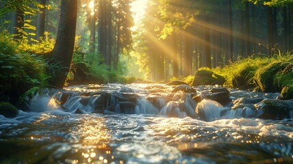 Sun-drenched forest with a clear stream reflecting the bright morning light