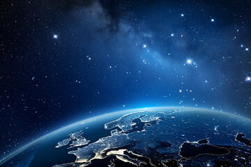 Abstract night space view of planet Earth with city lights,  blue earth from above in the starry sky at night