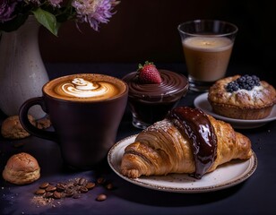Delightful assortment of a coffee cup with latte art, a chocolate-covered croissant, and other sweet treats on a dark background