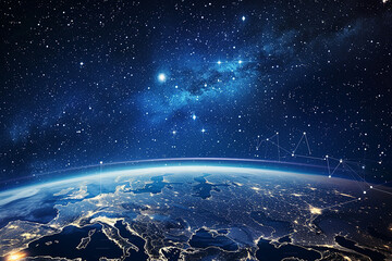 Abstract night space view of planet Earth with city lights,  blue earth from above in the starry...