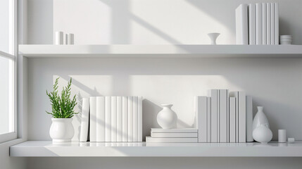 Obraz na płótnie Canvas Mock-up of bookshelf with a lot of book spine stacking in the shelf with white plain cover on a beautiful white cozy atmosphere background. Natural light and shadow. New modern minimal style.