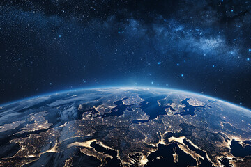 Abstract night space view of planet Earth with city lights,  blue earth from above in the starry sky at night