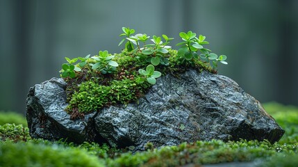 A rock covered in moss, from which tiny plants are emerging. Generative Ai - obrazy, fototapety, plakaty
