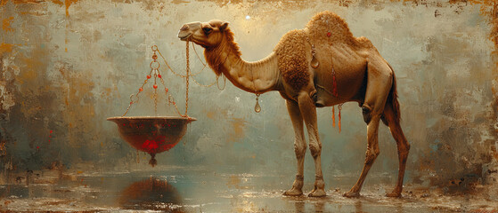 painting of a camel standing in front of a water fountain