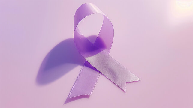 Purple cancer ribbon on sunlight blank background support alzheimer's disease epilepsy lupus pancreatic awareness campaign domestic violence support courage healthcare survivor copy space banner