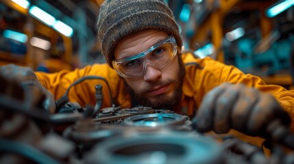   A man in a yellow jacket is seen working on a machine while wearing safety goggles and a beanie on his head