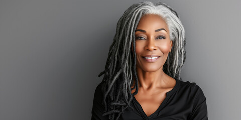 Fototapeta premium Beautiful elegant mature grey haired middle aged African American woman with perfect skin and smile
