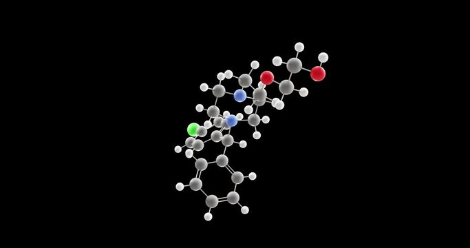 Hydroxyzine molecule, rotating 3D model of anxiolytics, looped video on a black background