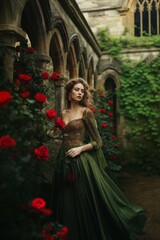 Fototapeta premium Queen in green gown among red roses