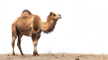 Bactrian camel in the steppes of Mongolia isolated on white, generative ai