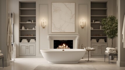Fototapeta na wymiar Elegant spa-like master bathroom with freestanding tub and fireplace.
