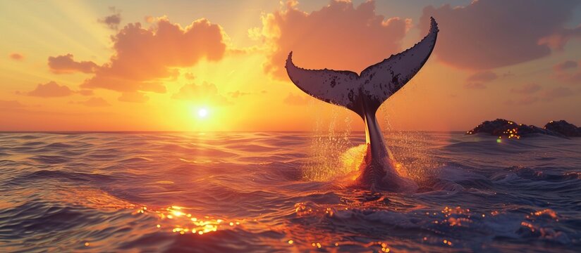 Seascape with whale tail dripping with water on the surface of the sea or ocean, banner with copy space
