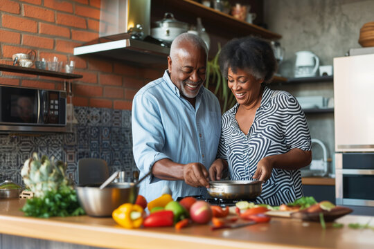 Senior happy smiling african american couple enjoying and cooking healthy dinner together on kitchen at home