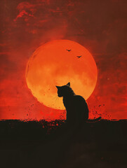 illustration of a cat in a sunset background painting style Generative AI