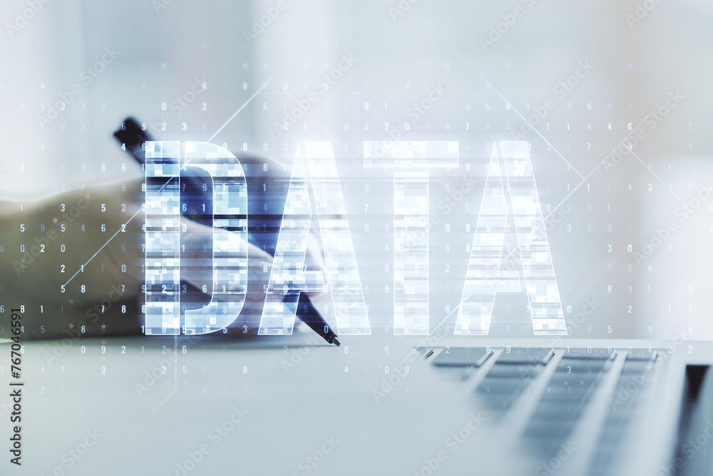 Poster creative data word hologram and hand writing in notebook on background with laptop, big data and blo