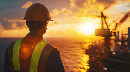 Back view of oil worker wearing a safety helmet and vest working in oil rig In the middle of the sea to find and produce oil, a career that is risky but gives good rewards - obrazy, fototapety, plakaty