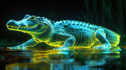 Neon Glowing Alligator Digital Artwork - obrazy, fototapety, plakaty