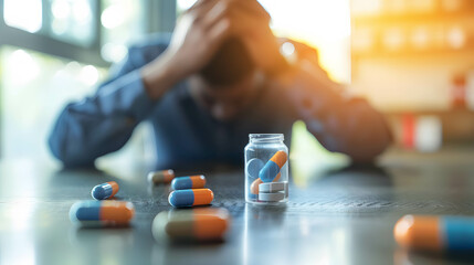 Medicine pill on the table, person or businessman holding his head shows depression and stress from environment pressure and work