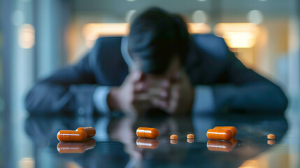 Medicine pill on the table, person or businessman holding his head shows depression and stress from environment pressure and work