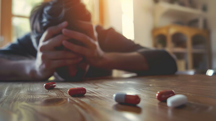Medicine pill on the table, person or businessman holding his head shows depression and stress from environment pressure and work - obrazy, fototapety, plakaty