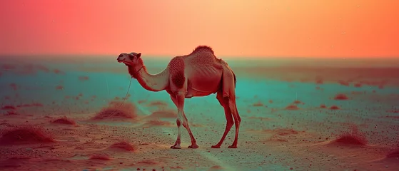 Foto auf Leinwand a camel standing in the desert with a bright sky in the background © Masum