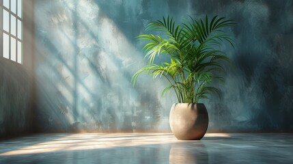   A pot plant sits atop a table beside a window with a blue backdrop