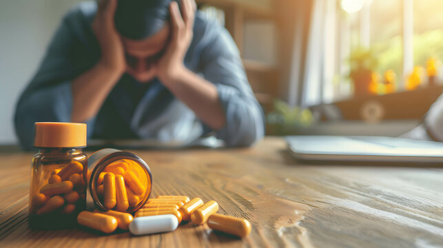 Medicine pill on the table, person or businessman holding his head shows depression and stress from environment pressure and work