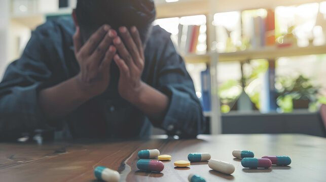 Medicine pill on the table, person or businessman holding his head shows depression and stress from environment pressure and work