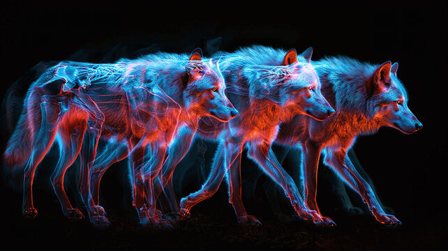 Neon X-ray Pack of Wolves in Artistic Illustration