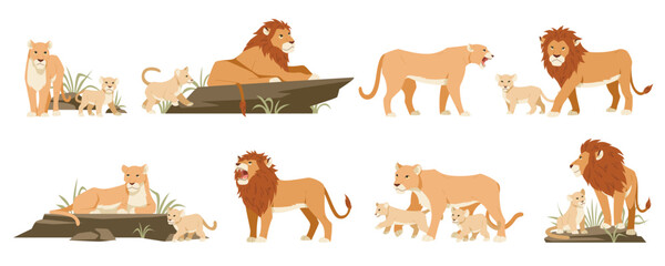 Cartoon lions. Cute lionesses and cubs, wild animals, jungle predators of feline family in different poses, pride in savannah, king of beasts, zoo park, tidy vector set isolated background