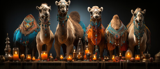 three camels are standing next to a table with candles and a candle