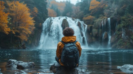   A person with a backpack sits on a rock before a waterfall that reflects in the nearby body of water