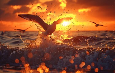 a seagull flying over water - obrazy, fototapety, plakaty