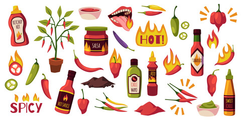 Cartoon hot sauces. Chili and spicy ketchups in plastic and glass bottles, tabasco and salsa, red and green burning peppers, piquant taste, mouth with fire on tongue, tidy vector set - obrazy, fototapety, plakaty