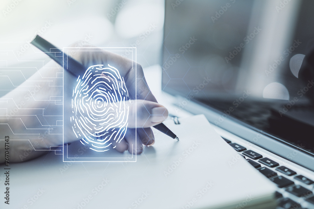 Poster Abstract creative fingerprint concept with hand writing in notebook on background with laptop. Multiexposure