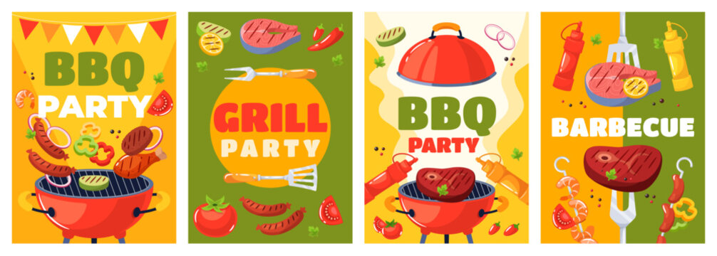 Cartoon barbecue elements posters. BBQ weekend cards, family summer picnic, outdoor cookout event, grilled meat and vegetables, grill party invitations, cooking outdoor event flyer. Vector set