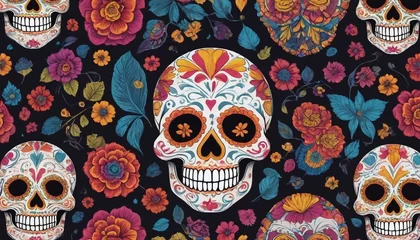 Raamstickers Schedel Sugar Skull Colorful Seamless Pattern.