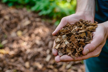 A person is holding a handful of wood chips. Concept of manual labor and the importance of using natural materials for landscaping