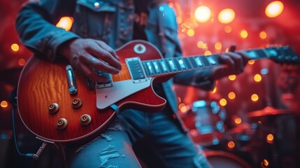 Obraz premium A person playing a guitar with a red-and-white guitar case against a red-and-white background in a close-up