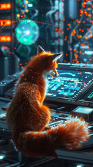 A cyber-galaxy fox operating a holographic console