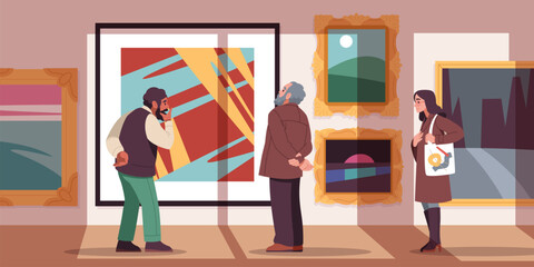 Art gallery visitors. Modern art connoisseurs view paintings in contemporary exhibition hall, abstractionism museum, rich frames, cartoon flat style isolated illustration, tidy vector concept - obrazy, fototapety, plakaty