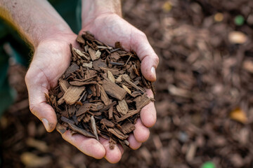 A person is holding a handful of wood chips. Concept of manual labor and the importance of using natural materials for landscaping - obrazy, fototapety, plakaty