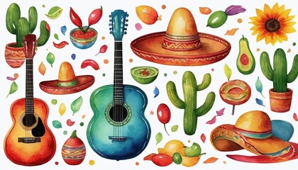 Watercolor Cinco De Mayo Elements Isolated On White.
