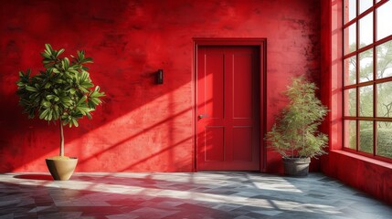   Red door, checkered floor, potted plant