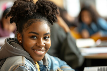 A young girl with curly hair is smiling at the camera. She is wearing a blue jacket and a hoodie