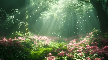 Papier Peint photo Lavable Olive verte The flower fields in the deep forest that are beyond human reach and the brilliant sunlight pouring over them. insanely detailed wide beautiful mesmerizing view, digital art style, anime illustration.